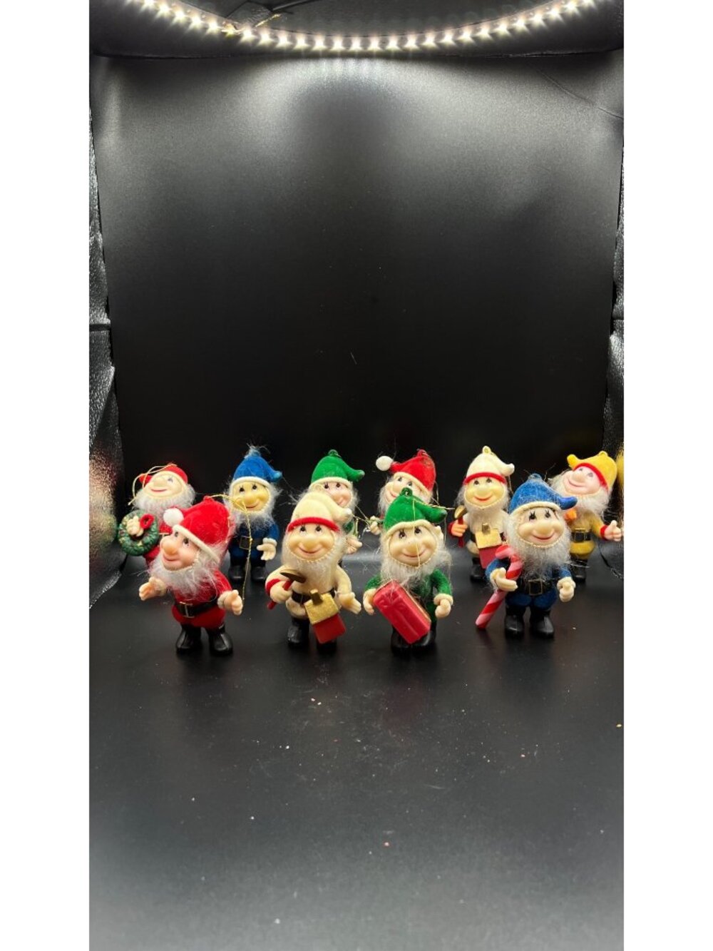Set Of 10 Vintage Christmas Gnome Elf Ornaments Felt Plastic Holiday Hong Kong